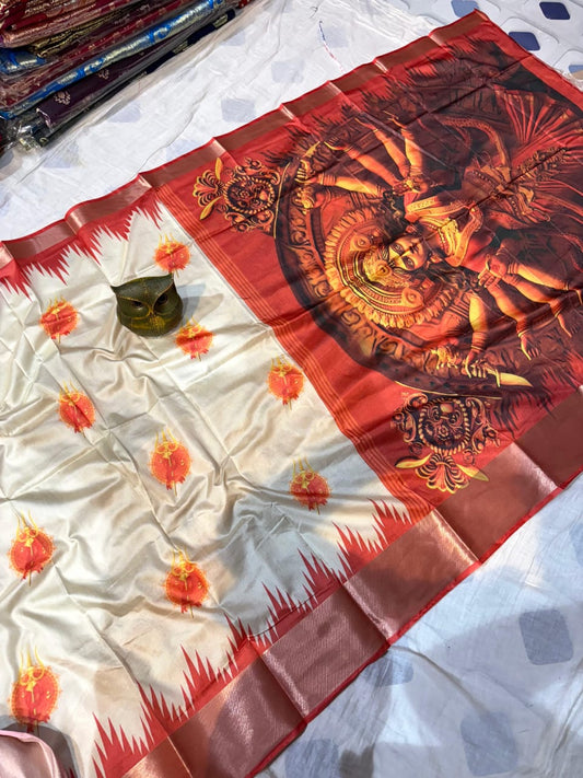 Saree with Maa Durga design on a white and red background