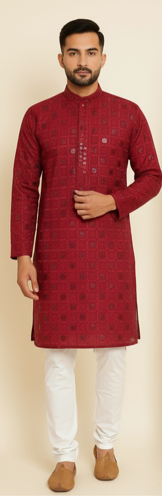 Man wearing a red kurta with white pants on a beige background