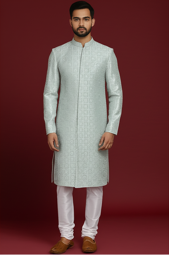 Light Sage Green Embroidered Men's Kurta
