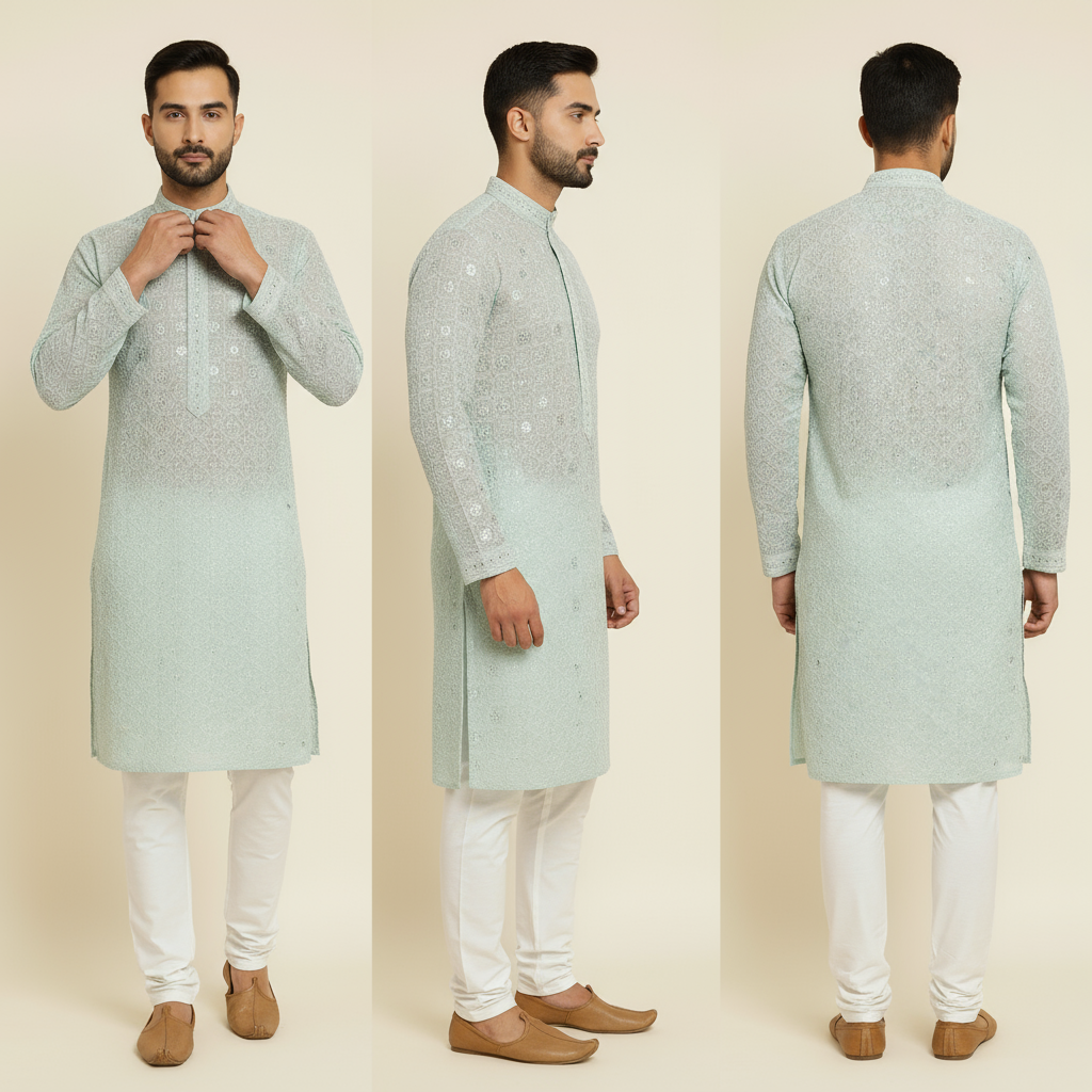Light Sage Green Embroidered Men's Kurta