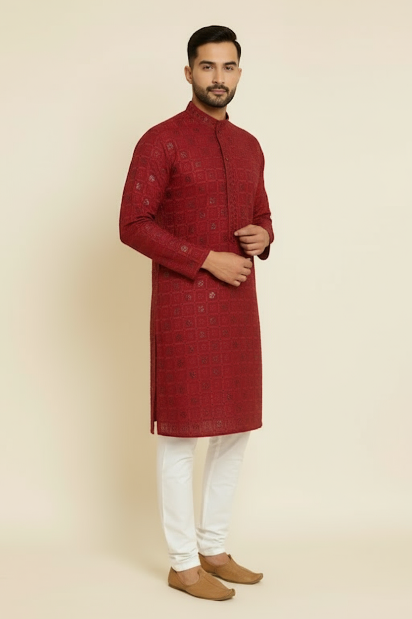 Men’s Red Kurta – Premium Cotton | Festive & Wedding Wear